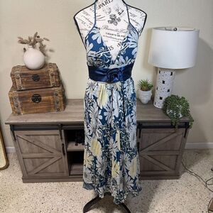 BCBG Y2k Silk Floral Babydoll Halter Maxi Dress Size 4 Bow Whimsy Fairy Bow